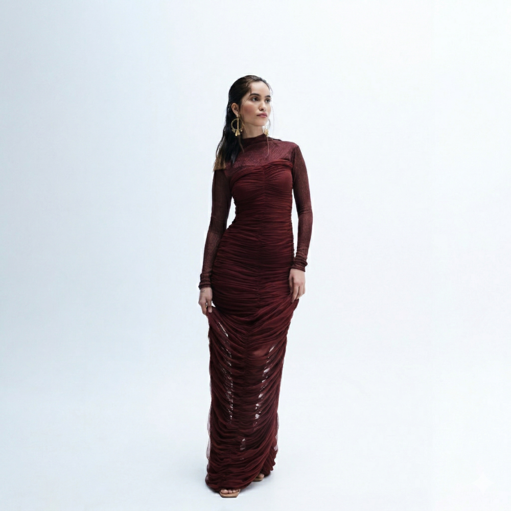 All-over ruched lycra net dress, perfect for brunch, birthdays, and parties. Shop online from our exclusive collection of premium styles.