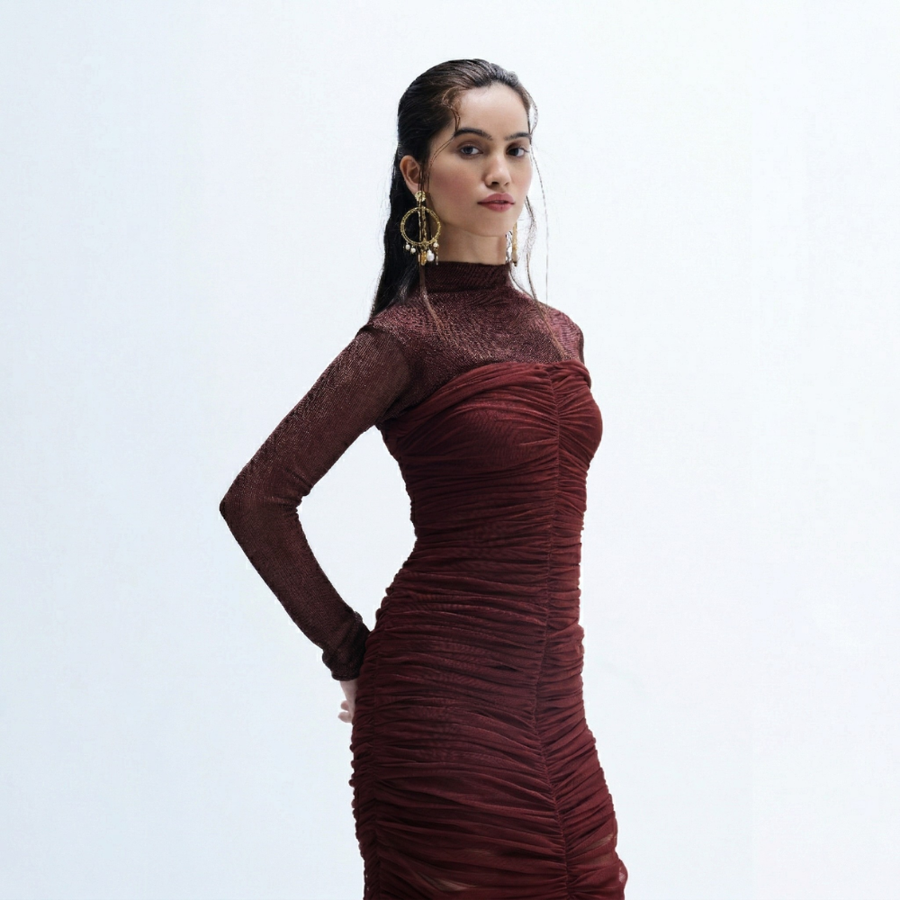 All-over ruched lycra net dress, perfect for brunch, birthdays, and parties. Shop online from our exclusive collection of premium styles.