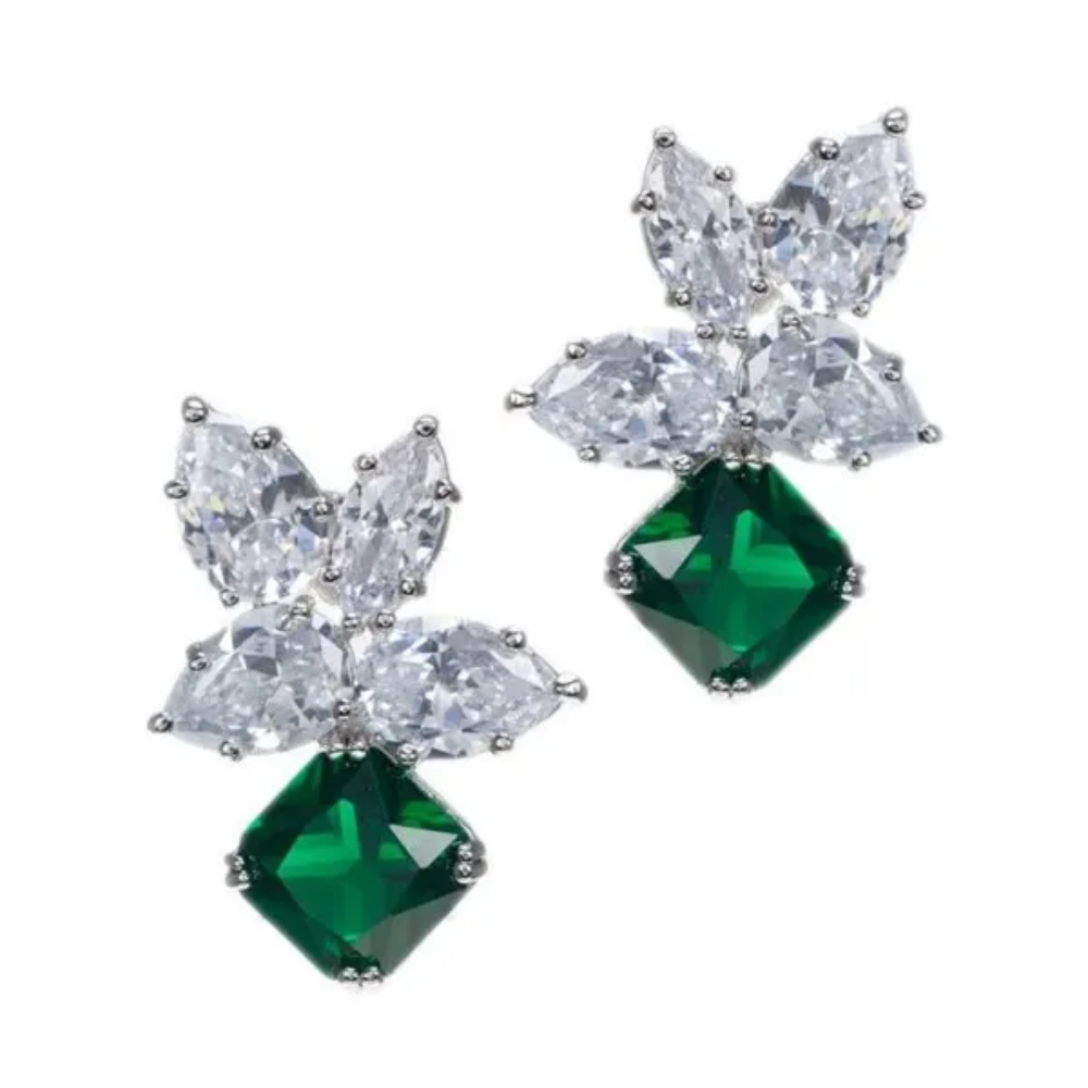 12CTTW mixed cubic zirconia cluster earrings with emerald CZ drop. Post earrings set in rhodium plated brass.