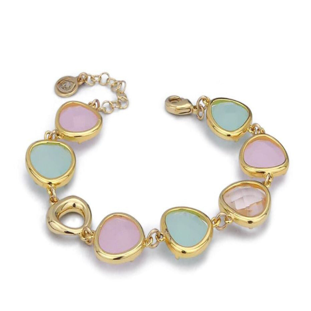 Elegant yellow gold plated modular bracelet with peach briolette-cut crystals, aqua milk, and rose quartz accents for a chic luxe look. Shop premium jewelry online.