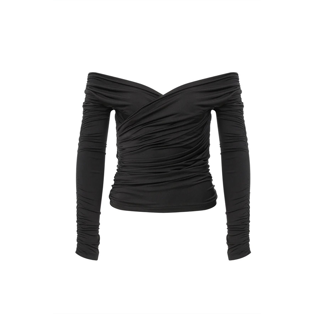 Monique Draped Jersey Blouse in Noire exudes luxury designer dress elegance. Shop Now!