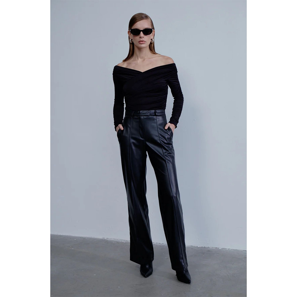 Monique Draped Jersey Blouse in Noire exudes luxury designer dress elegance. Shop Now!