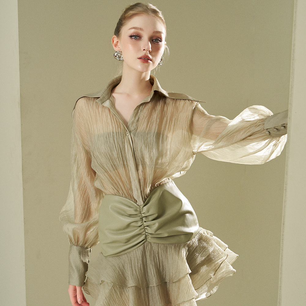 Moss Silk Shirt Dress With Leather Combination