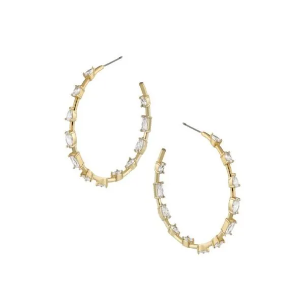 4 CTTW Multi shape cubic zirconia hoop earrings. Earrings set in 18k gold plated brass.