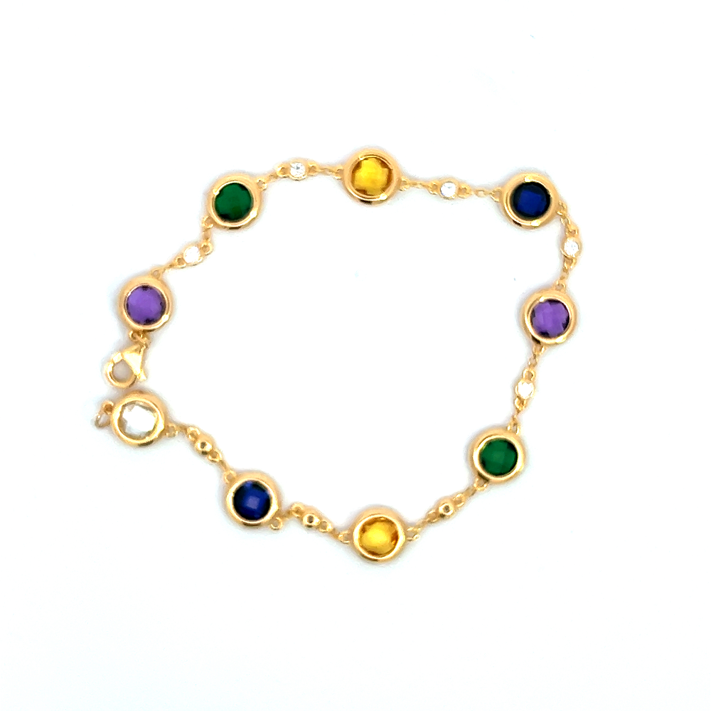 Sterling silver 18k gold-dipped bracelet with cubic zirconia, green nano sital, lab-created blue and white sapphires, amethyst, and citrine accents. Shop premium jewelry online.
