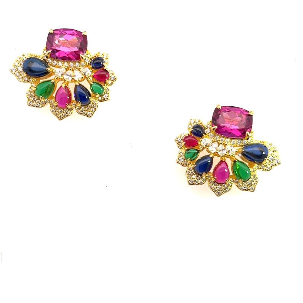 Shop online premium 18K gold multigem earrings with sapphire, ruby, nano sital and CZ stones.