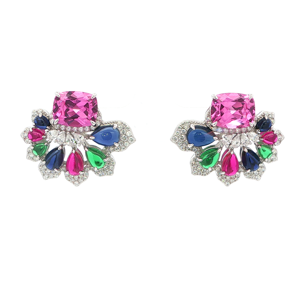 Shop online premium sterling silver multigem earrings with sapphire, ruby, nano sital and CZ stones.