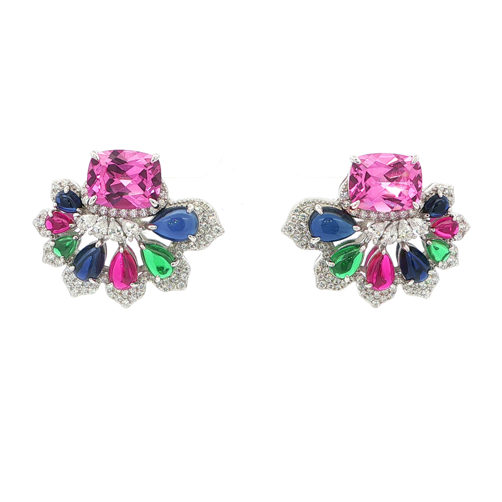 Shop online premium sterling silver multigem earrings with sapphire, ruby, nano sital and CZ stones.