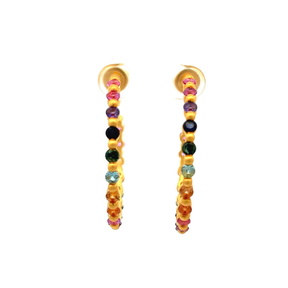 Shop online premium 18K gold multigemstone hoop earrings with ruby, sapphire & CZ stones.