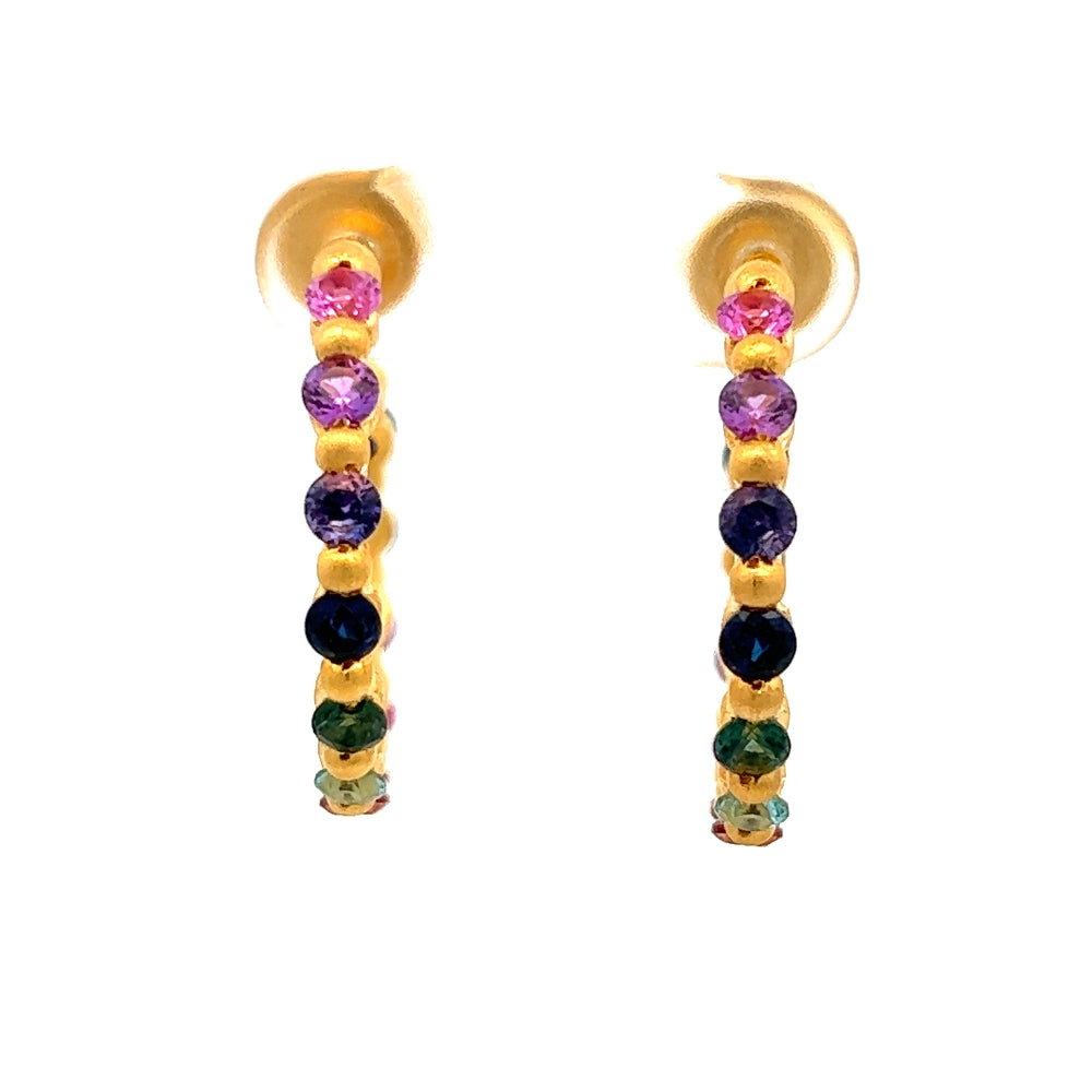 Shop online premium 18K gold multigemstone hoop earrings with ruby, sapphire & CZ stones.
