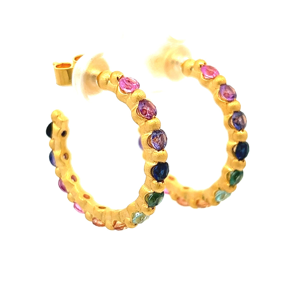 Shop online premium 18K gold multigemstone hoop earrings with ruby, sapphire & CZ stones.