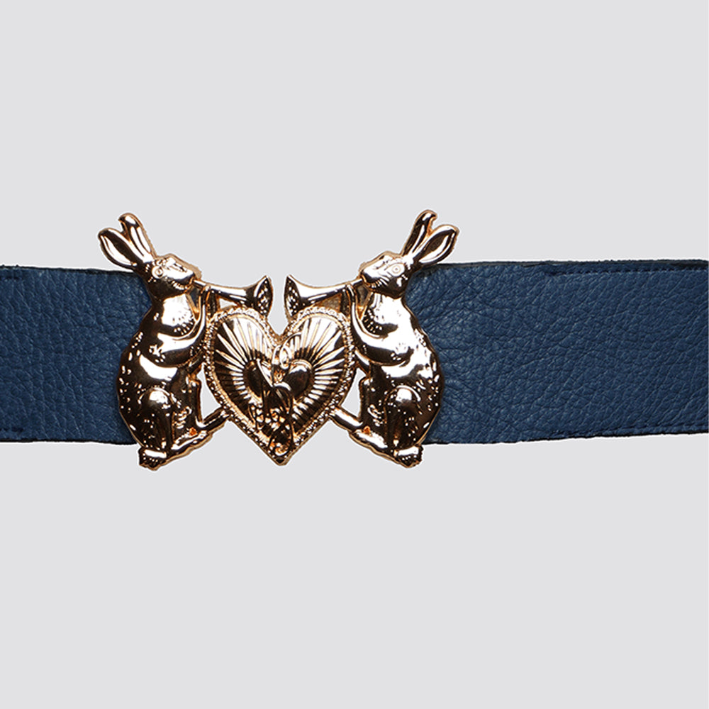 Women's Belt in navy leather with a charming Mystic Rabbit Buckle – perfect elegance. Add sophistication to your outfit. Shop now!