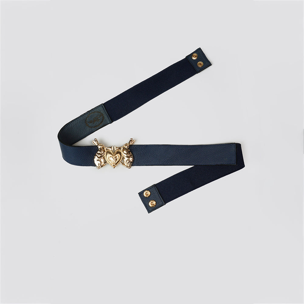 Women's Belt in navy leather with a charming Mystic Rabbit Buckle – perfect elegance. Add sophistication to your outfit. Shop now!