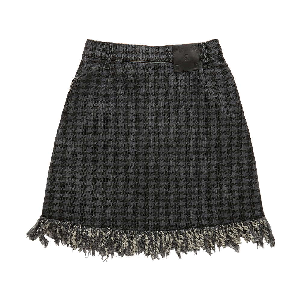 Horde Studio's stonewashed mini-skirt is printed with a faded houndstooth pattern and cut to an A-line silhouette 