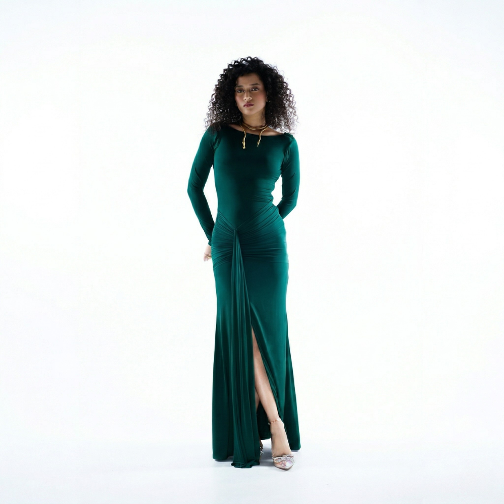 Green lycra maxi dress with front knot and high slit, perfect for parties and nights out. Shop online from our exclusive collection of premium party wear styles.