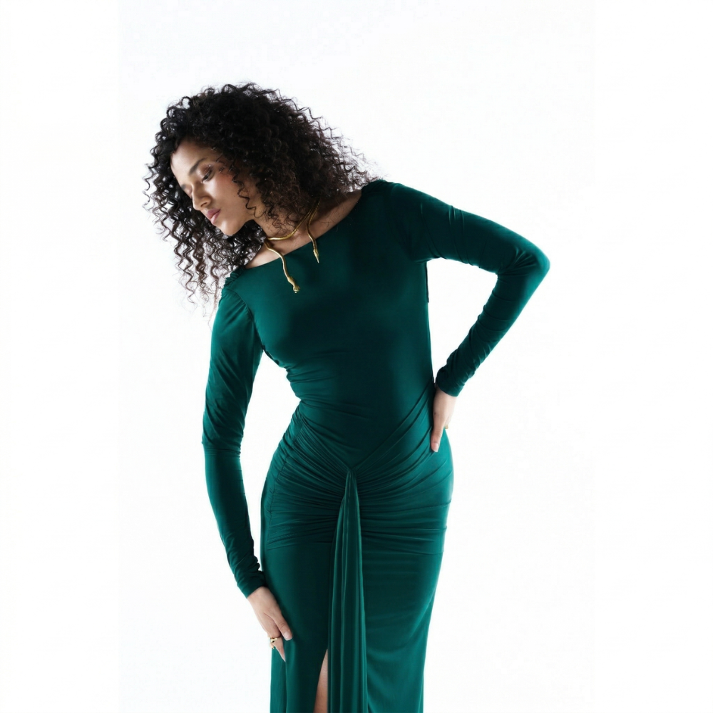 Green lycra maxi dress with front knot and high slit, perfect for parties and nights out. Shop online from our exclusive collection of premium party wear styles.