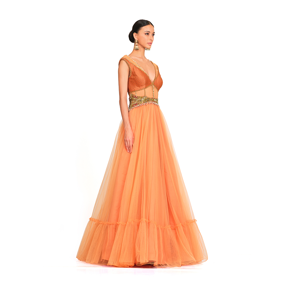 Net and Brocade Bodice l Embroidered Belt with Tassels l Frill Hemline.