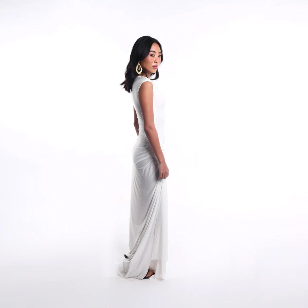 Draped dress with cinched waist and sculpted fit, perfect for events. Shop online from our curated edit of premium fashion.