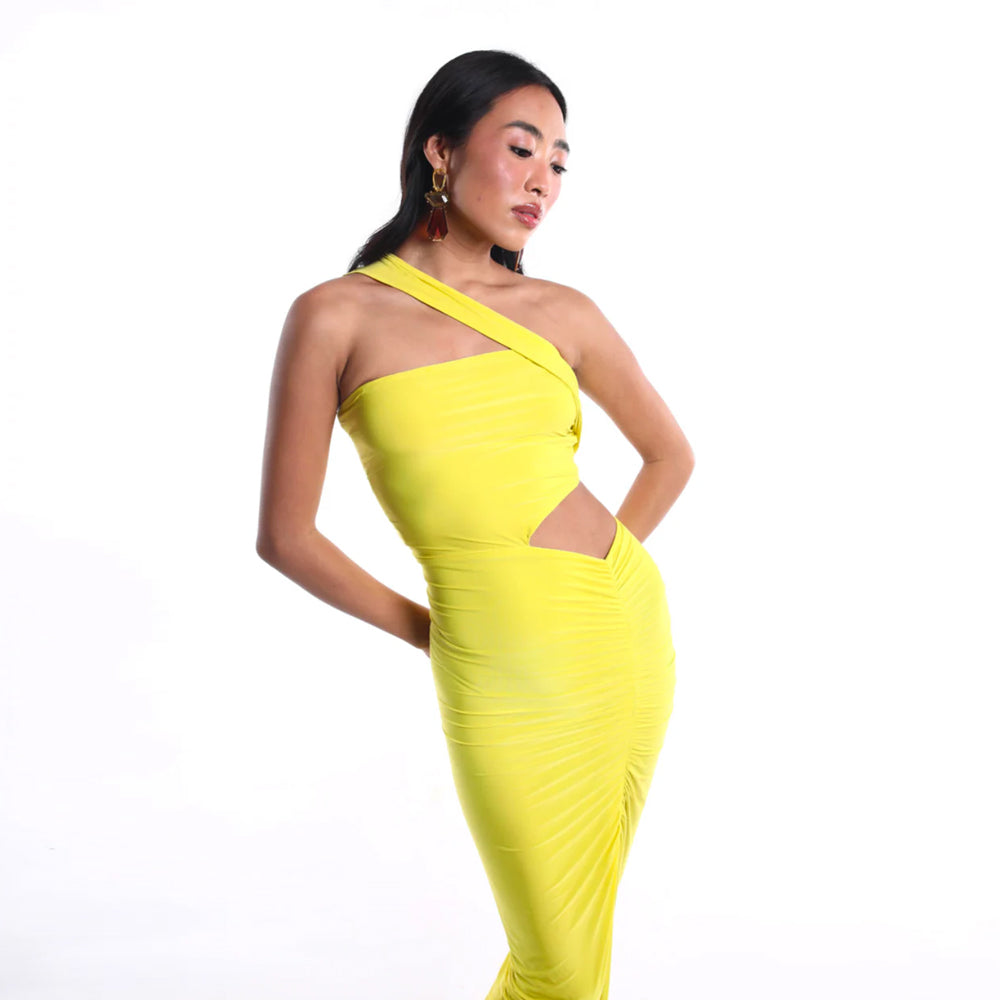 Chartreuse one shoulder dress with cut out and slit, perfect for parties. Shop online from our curated edit of premium fashion.