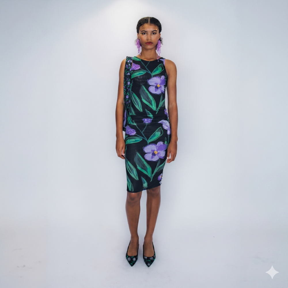 Sleek recycled mesh dress with hand-drawn floral print. Stretchy, flattering, and bold. Shop premium styles online.