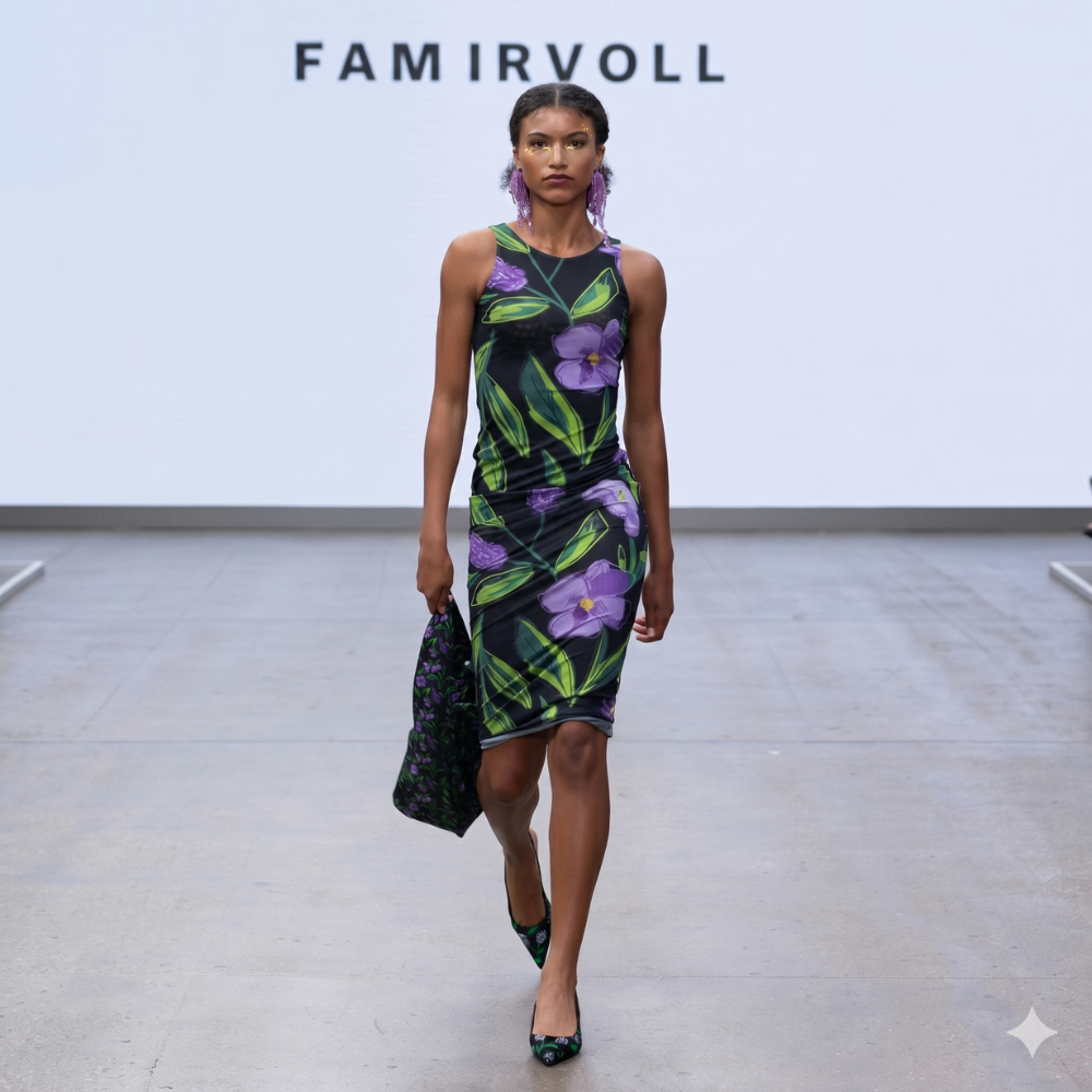 Sleek recycled mesh dress with hand-drawn floral print. Stretchy, flattering, and bold. Shop premium styles online.