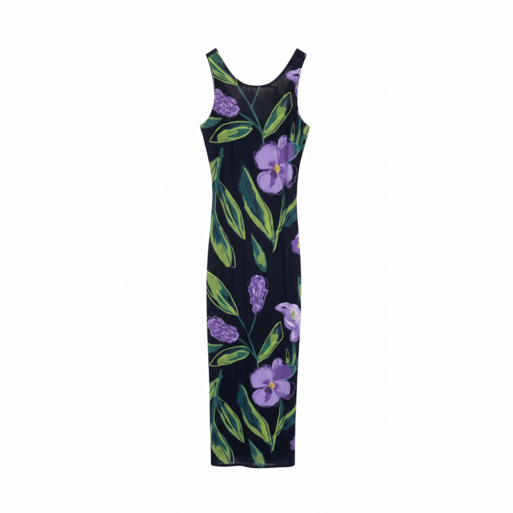 Sleek recycled mesh dress with hand-drawn floral print. Stretchy, flattering, and bold. Shop premium styles online.