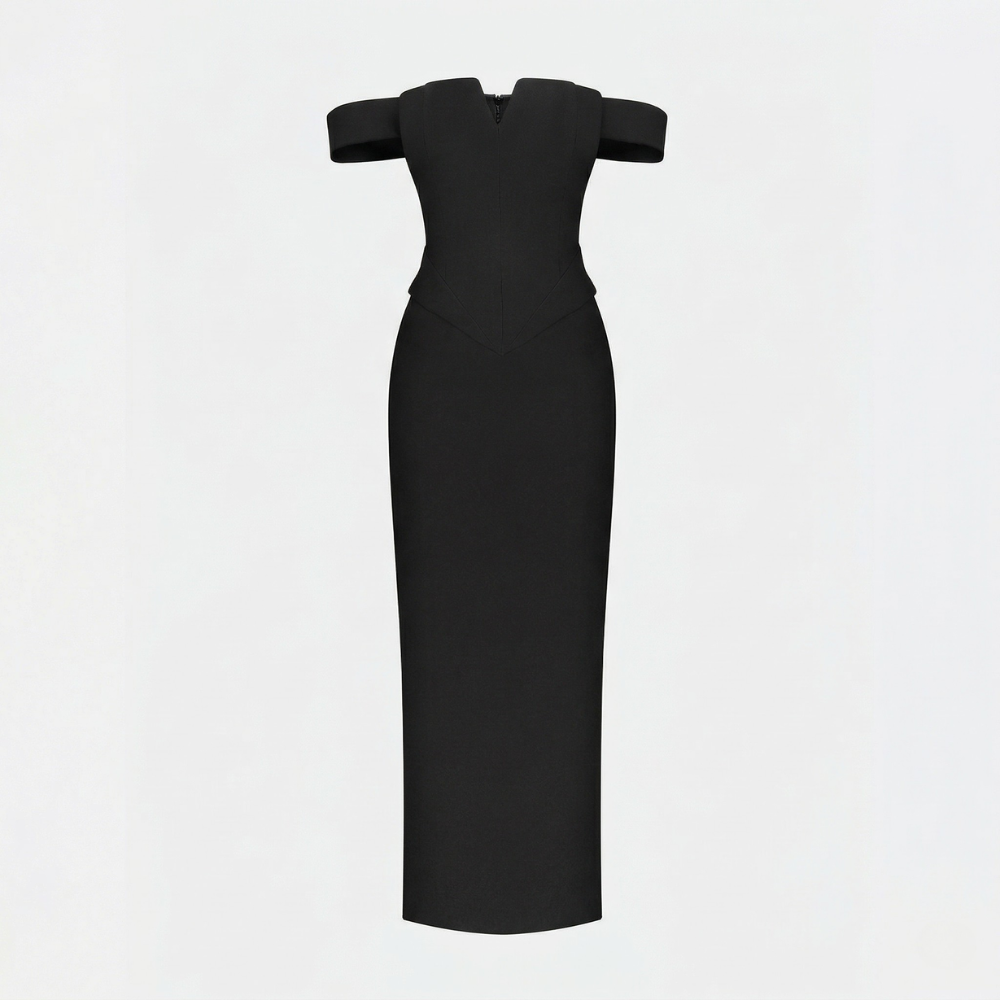 Elegant full-length corset dress featuring a stylish shoulder accent for a bold, refined look. Shop now at our exclusive clothing website.