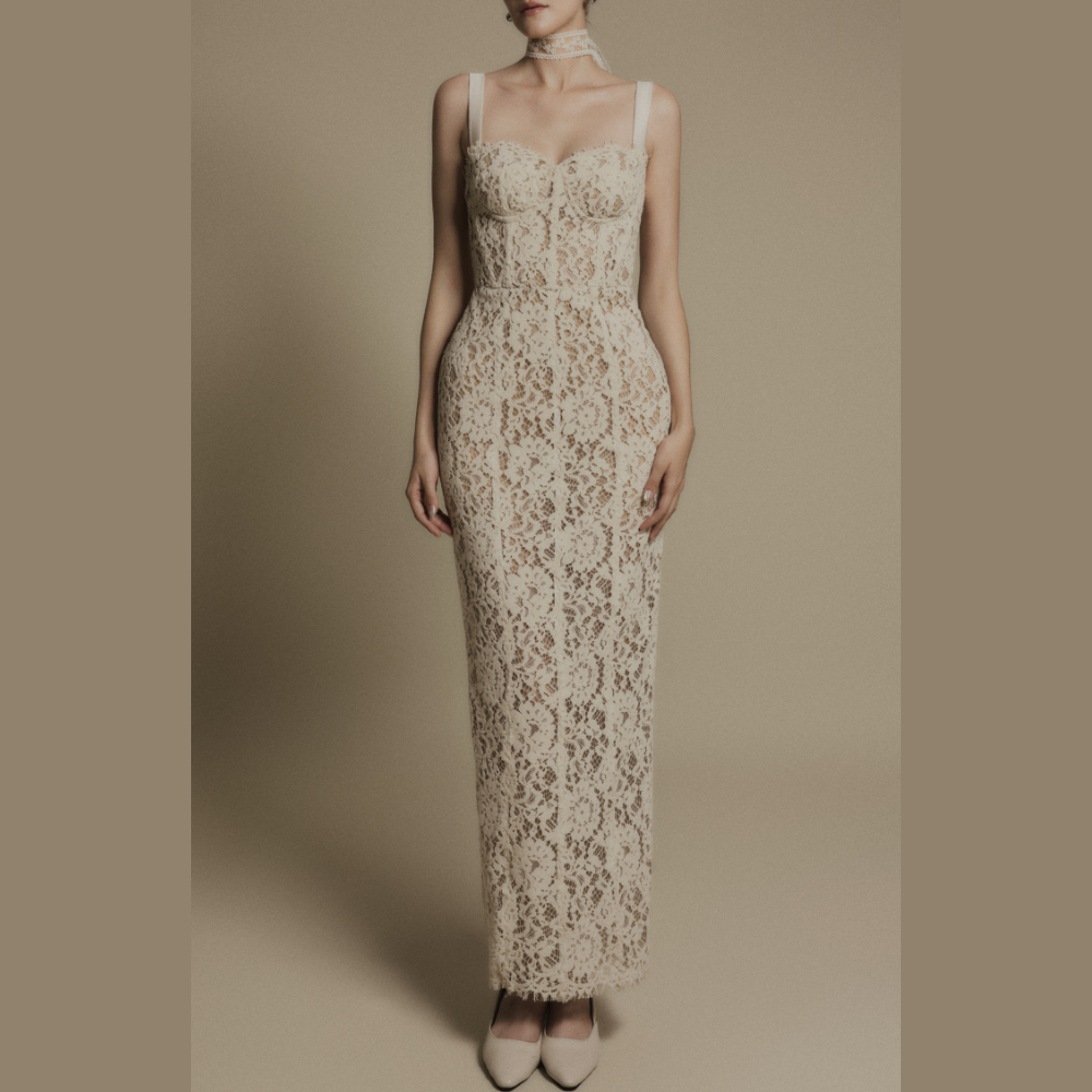 Explore our clothing shop online for the refined and stylish Noir Waist Ivory Lace Dress. Shop Now!
