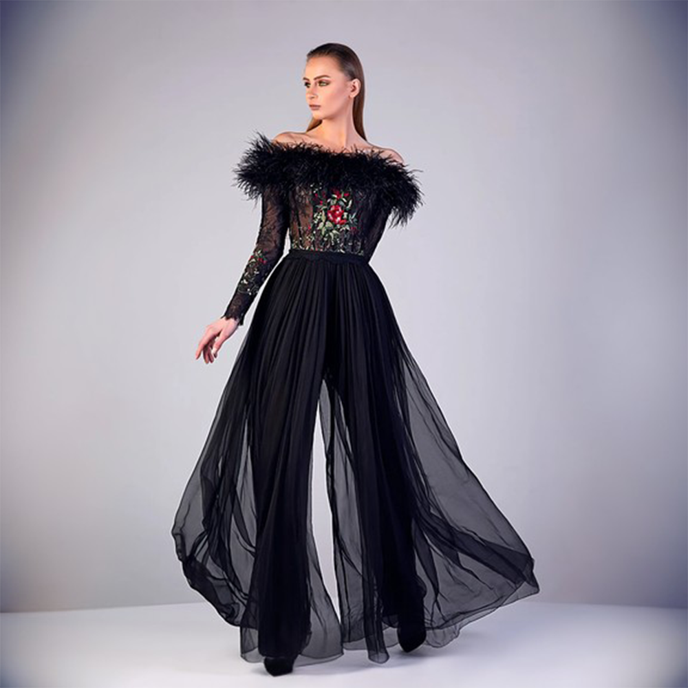Off shoulder fur hem embroidered bodice with full sleeves connected with gathered sheer open flared lower bodice. 