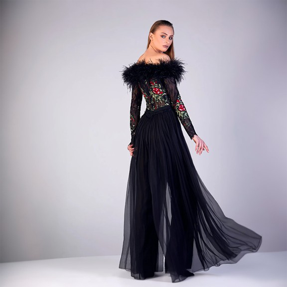 Off shoulder fur hem embroidered bodice with full sleeves connected with gathered sheer open flared lower bodice. 