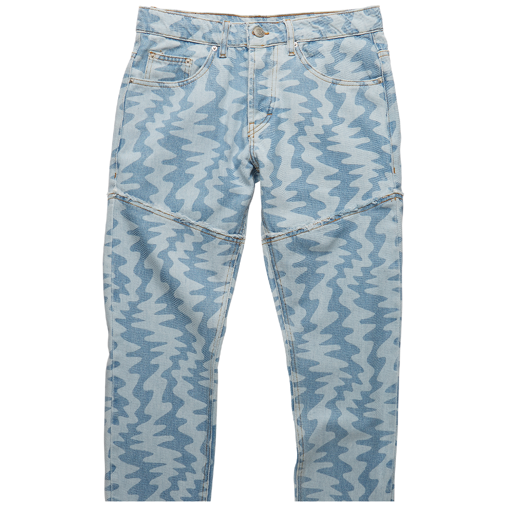 Oren light blue men's jeans are patterned with a contrast motif print. They’re crafted from rigid denim with a straight leg