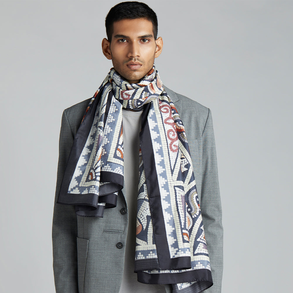 A high contrast neutral stole, with black, white, grey and tan forming a striking geometric print.