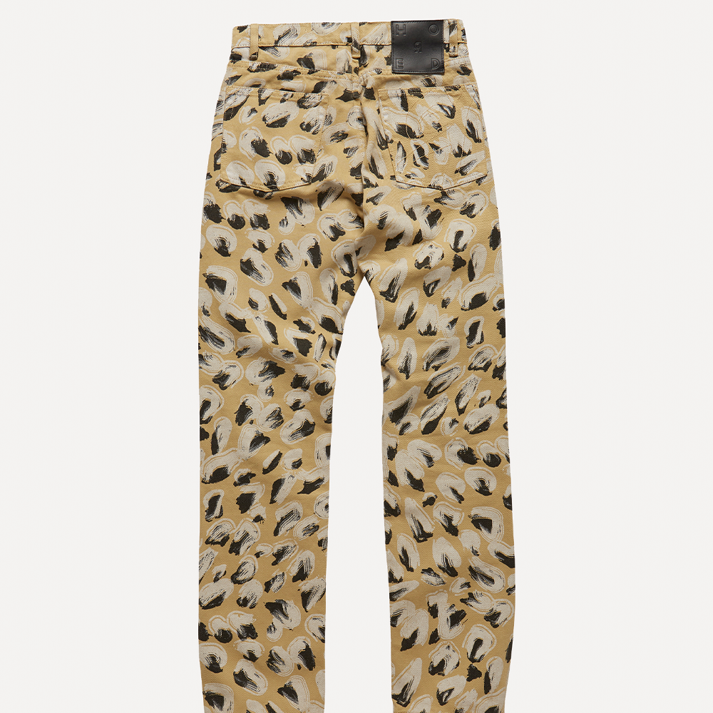 Organic 100% cotton mid-weight denim jeans in patterned hazelnut, black and off-white print. 