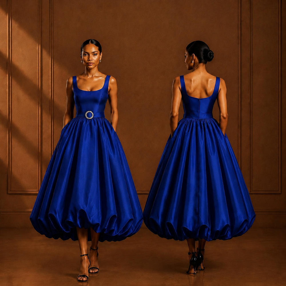 Explore the OSA dress crafted with a sculpted bodice, elegant scoop neckline, statement belt, and dramatic bubble skirt. A refined designer piece for modern occasion dressing.