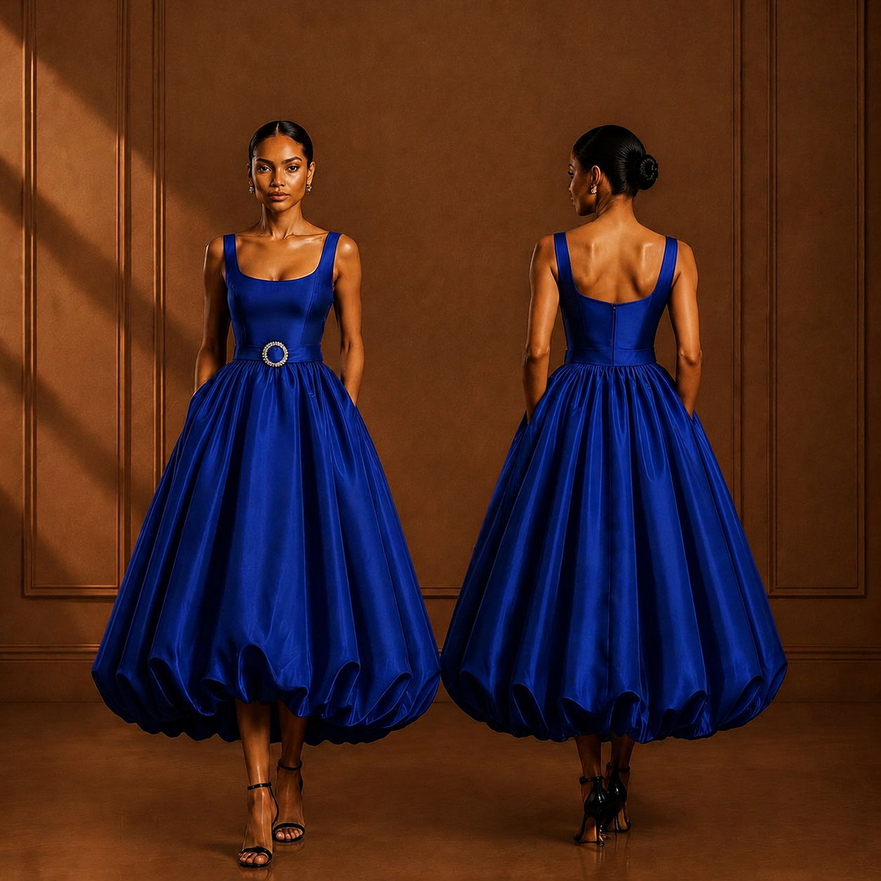 Explore the OSA dress crafted with a sculpted bodice, elegant scoop neckline, statement belt, and dramatic bubble skirt. A refined designer piece for modern occasion dressing.