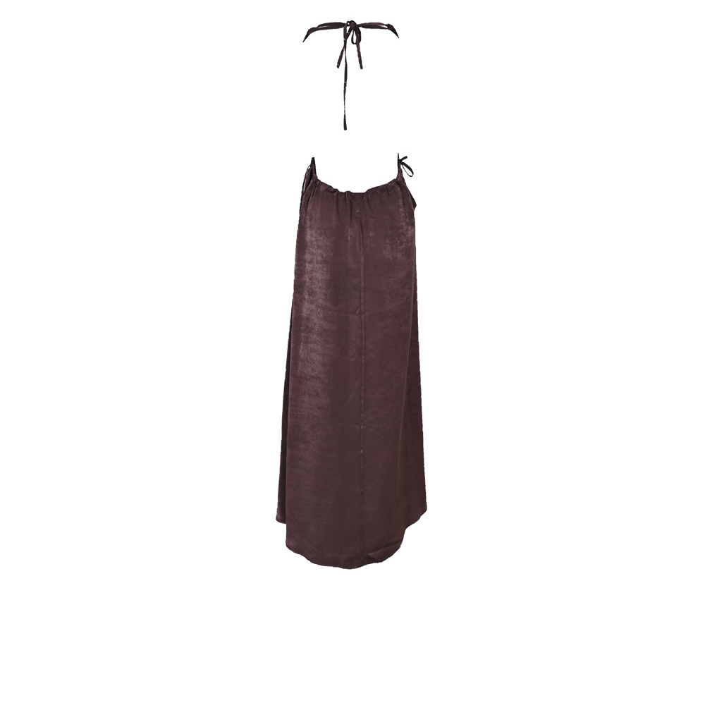 The Oasis (Vaha) dress, crafted from brown silk viscose, is a stunning piece that exudes elegance.