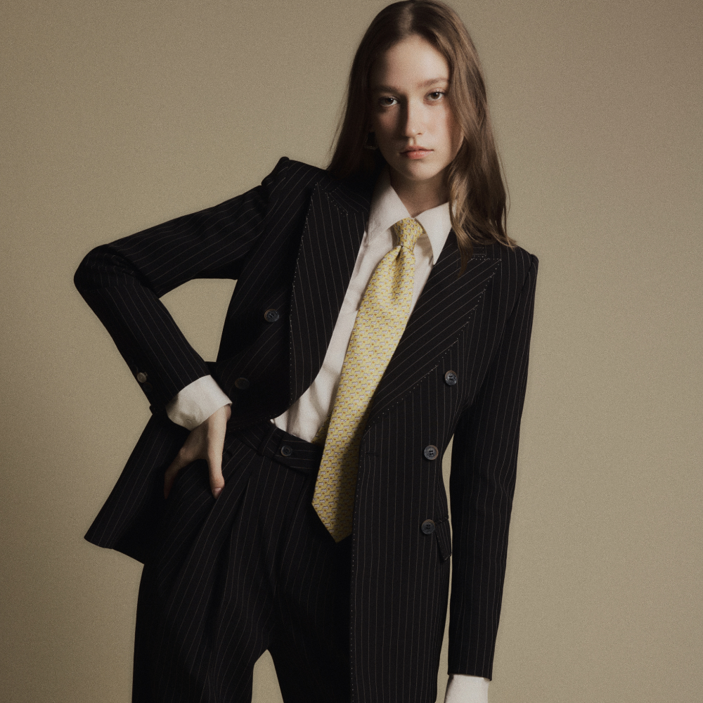 Discover chic luxury women clothing featuring the elegant Obsidian Pinstripe Double Jacket. Shop Now!