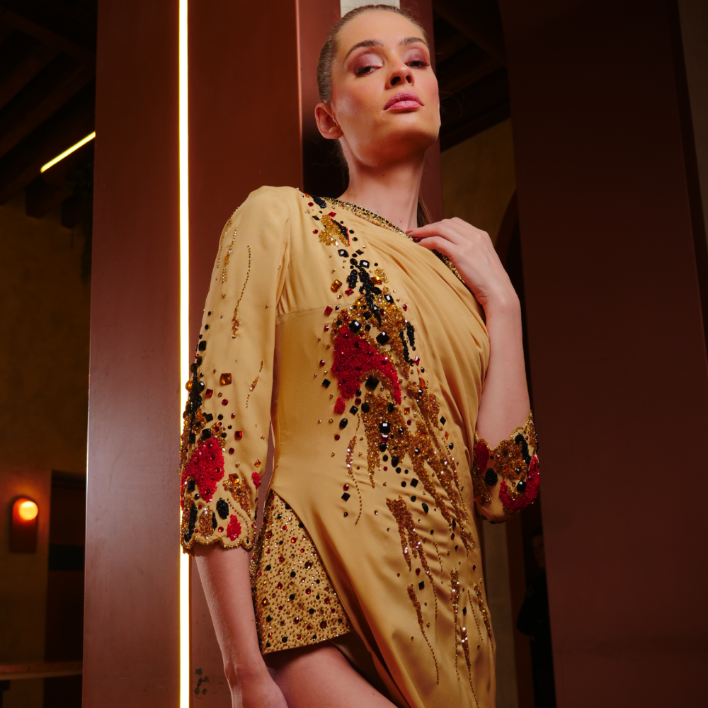 Stunning off-shoulder yellow crepe dress adorned with vibrant multicolor embroidery