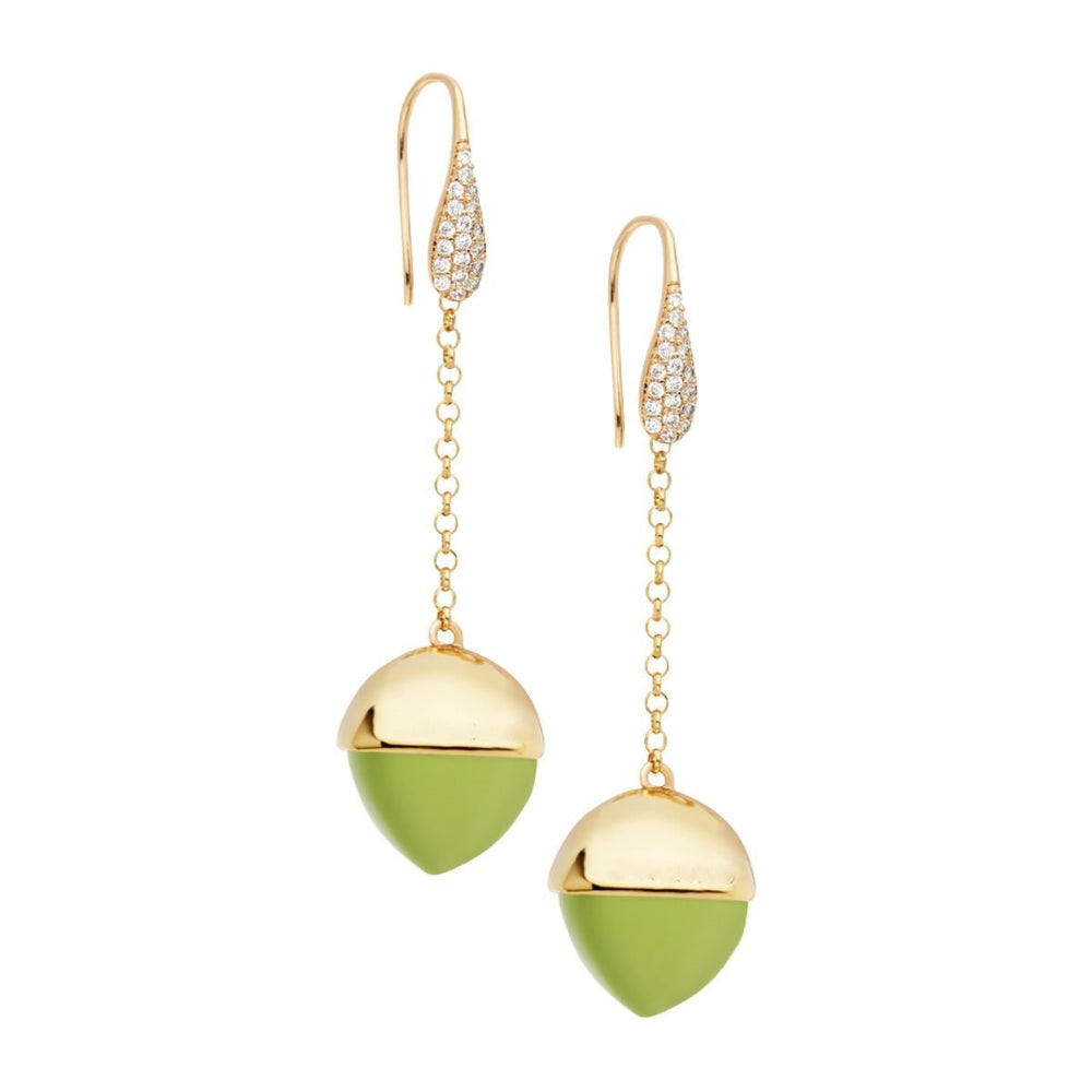 Shop online premium gold plated hook dangler earrings with olive pyramidal crystal and sparkling cubic zirconia accents for elegant styling.