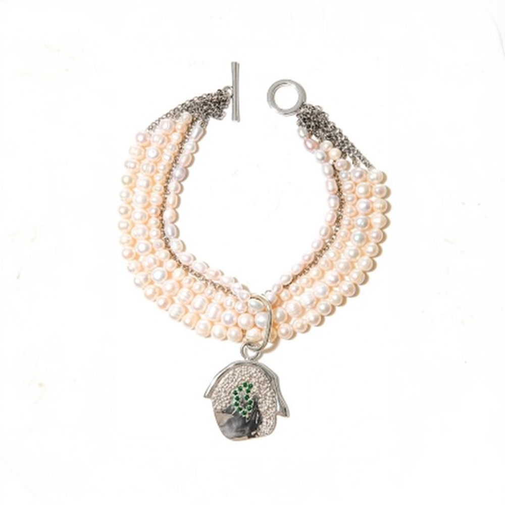 Pearl and chain choker with pendant embellished with multi colored zircon stones.