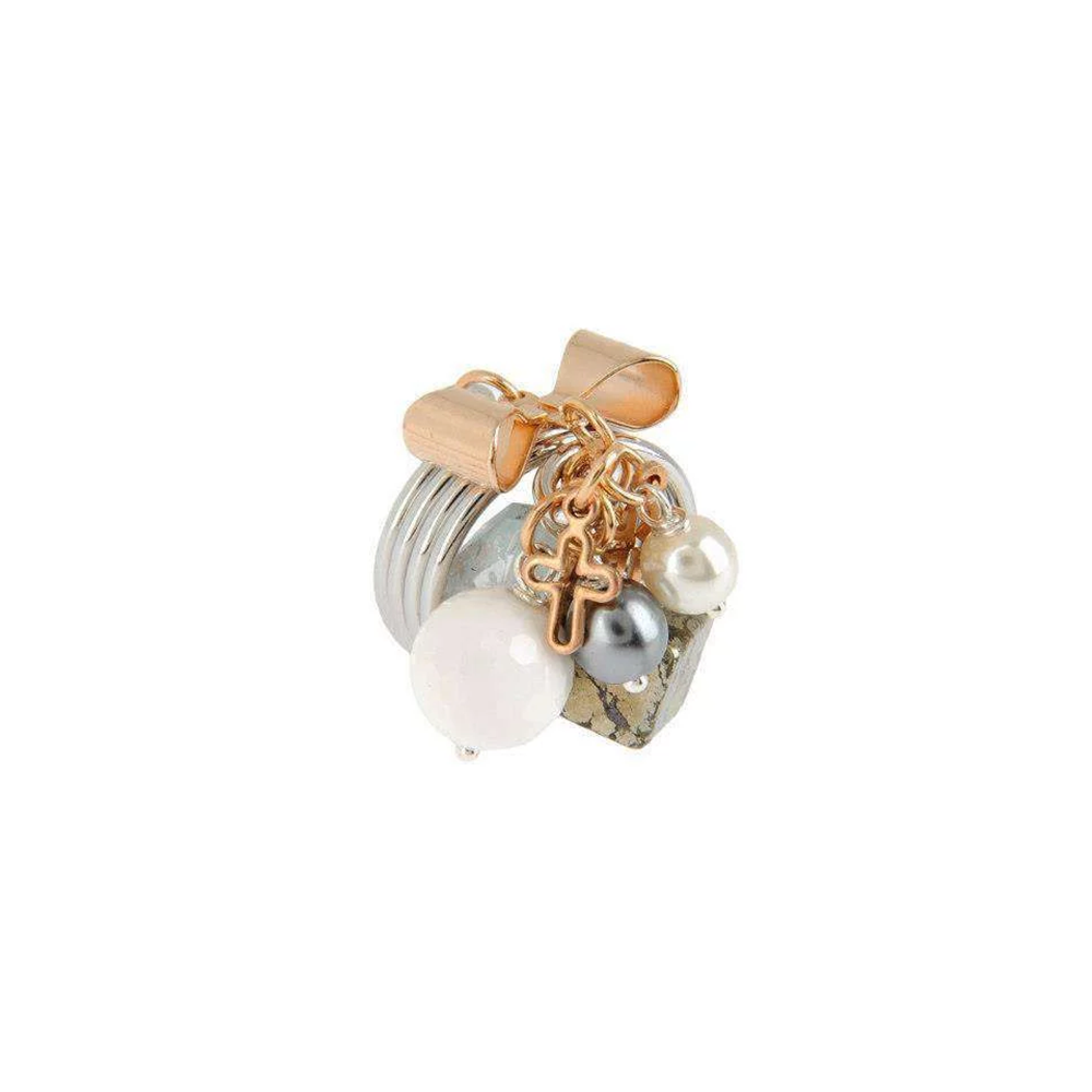 Ring is designed with glass beads mixed with natural stones like aquamarine, calcedony, lapislazzuli, white onyx and pyrite. 