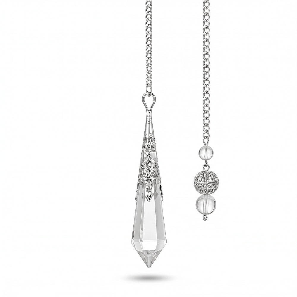 Discover the Oracle of Light Clear Quartz Crystal Pendulum Pendant at The Luxe Maison, featuring a faceted crystal designed for clarity, intuition, and timeless elegance.