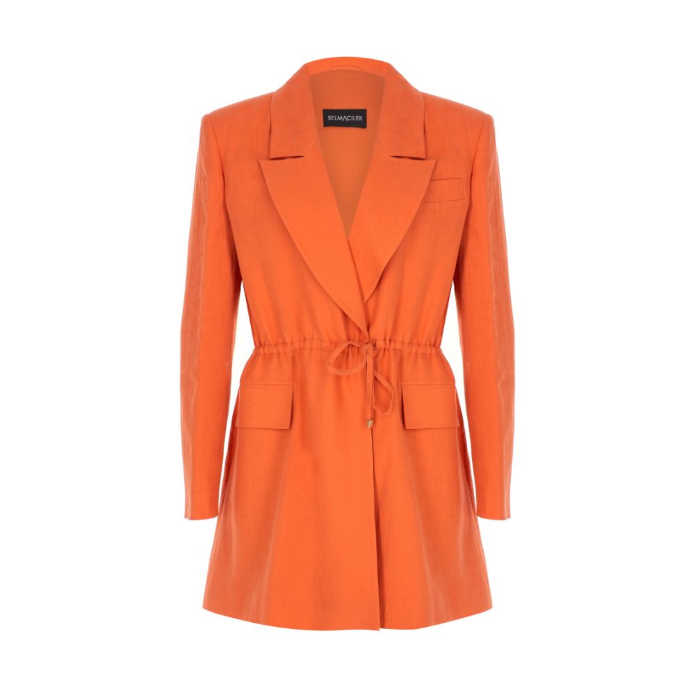 ORANGE WAIST TIE-DETAILED JACKET DRESS 100% Linen