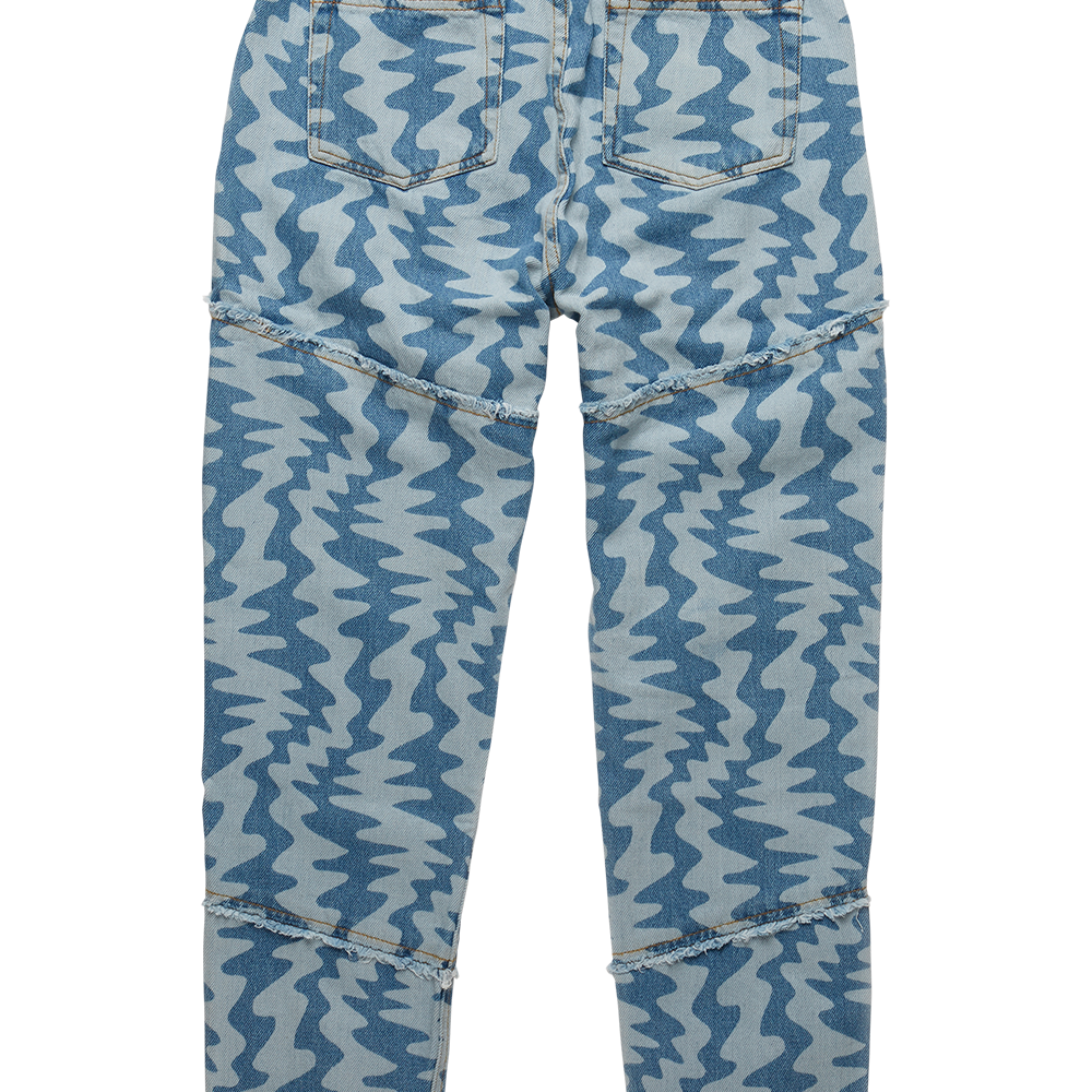 Oren light blue women's jeans are crafted in rigid denim in a contrast pattern print, cut to a high-rise waist