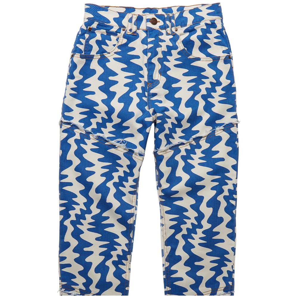 Horde Studio's Oren women's white jeans printed in a cerulean blue contrast pattern. Cut to a high-rise silhouette 