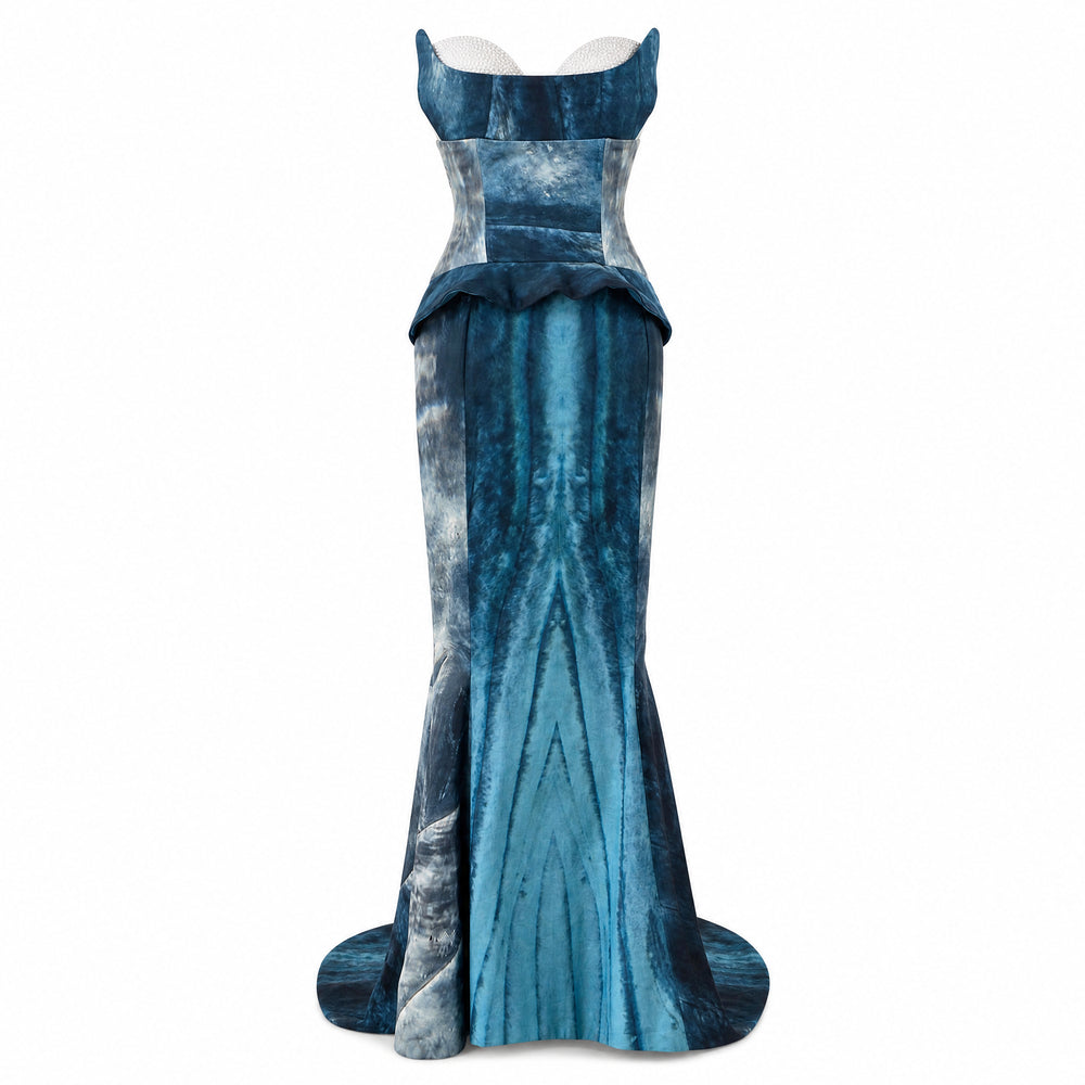 Shop online from our exclusive website and discover the Organic Cotton Whale Gown by Benedetti Life, a sustainable couture dress with ocean-inspired design and elegant mermaid silhouette.