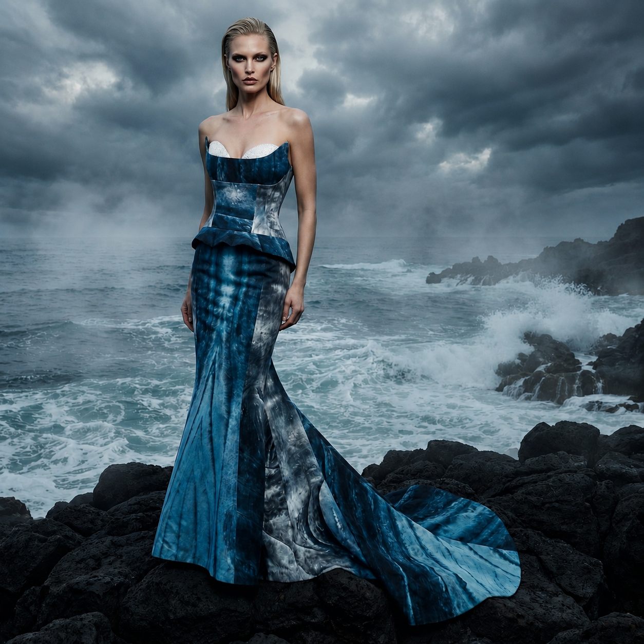 Shop online from our exclusive website and discover the Organic Cotton Whale Gown by Benedetti Life, a sustainable couture dress with ocean-inspired design and elegant mermaid silhouette.