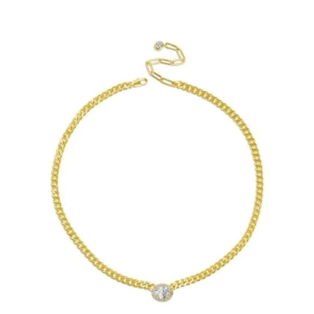 2CTTW Oval Cubic Zirconia with pave trim curb chain necklace. Lobster clasp closure. Set in 18k Gold plated brass.