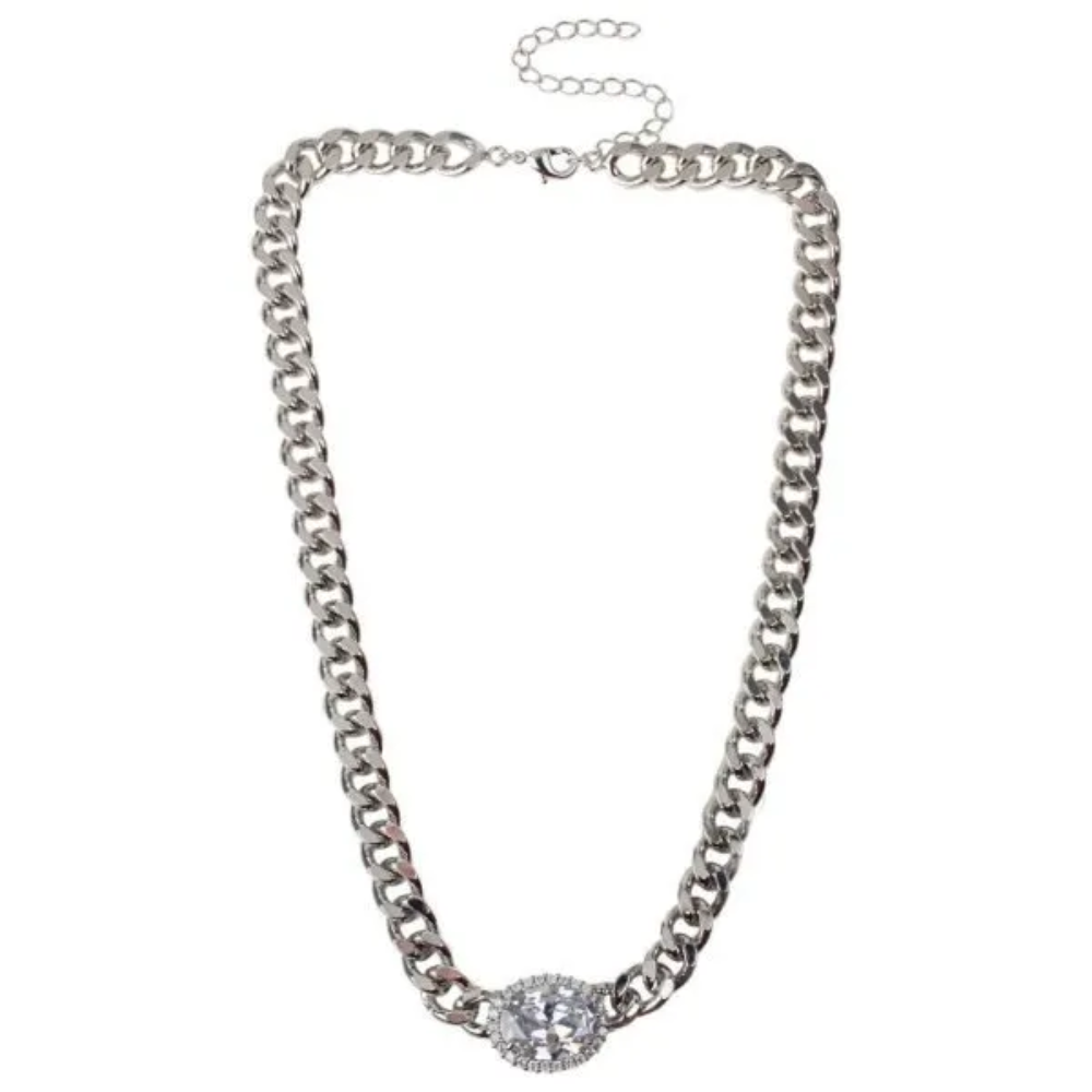 10 CTTW Oval Cubic Zirconia and pave CZ trim chunky chain necklace. Lobster clasp closure. Set in rhodium plated brass.