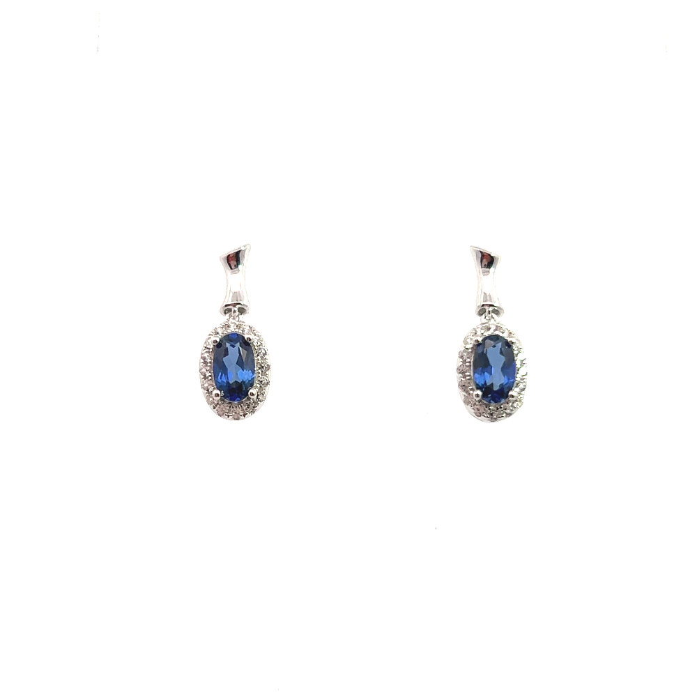 Shop online premium sterling silver blue sapphire dangler earrings with sparkling CZ stones.